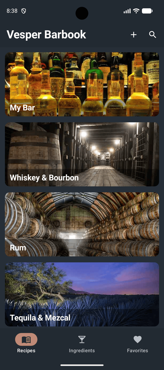 Vesper cocktail recipe app showing recipe grid and home screen on a sleek dark mode smartphone mockup